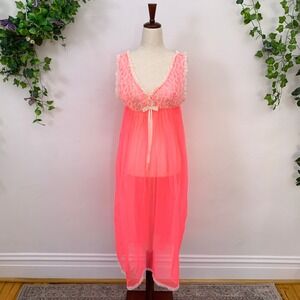 Vintage 1960's Hot Pink Lace &‎ Bow Nightgown Lingerie
